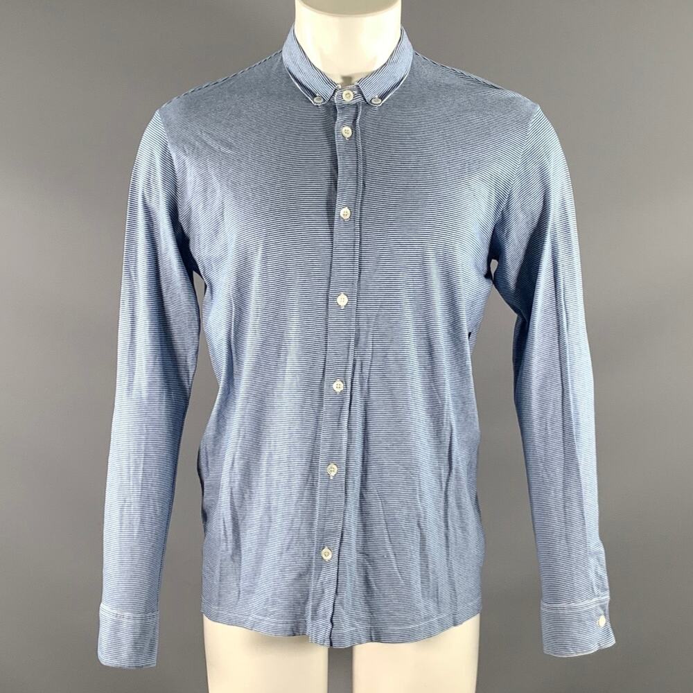 AGNÈS B. Size M White Cobalt Stripe Cotton Button Down Long Sleeve Shirt